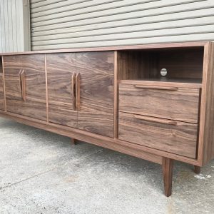 FREE SHIPPING ~ 8' Mid Century Style TV Cabinet / Buffet / Liquor Cabinet / Credenza -  Walnut with straight leg base.