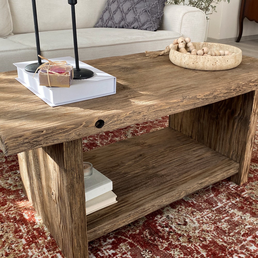 Rustic Wood Coffee Table,Large Coffee Table Reclaimed Wood, Unique Mid Century Top Live Edge Solid Rectangular Custom Farmhouse Wooden Table - Image 4