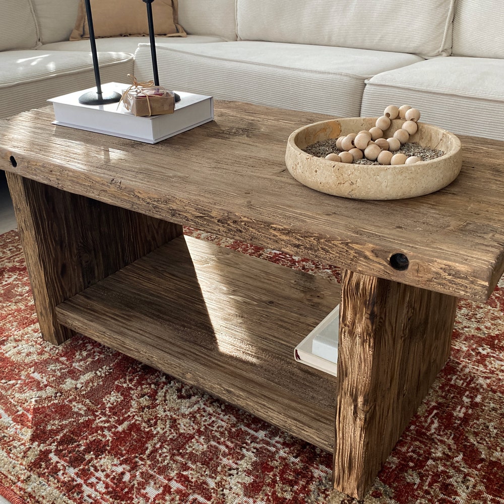 Rustic Wood Coffee Table,Large Coffee Table Reclaimed Wood, Unique Mid Century Top Live Edge Solid Rectangular Custom Farmhouse Wooden Table - Image 10