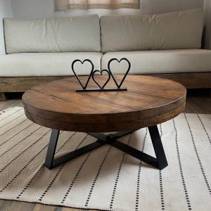 Low Wood Coffee Table Dark Wood, Thick Low Coffee Table Round Wood, Rustic Coffee Table Metal Legs