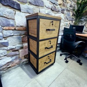 Lockable Rustic cabinet Industrial chest of drawers solid wood steel frame office filing furniture heavy duty storage solution metal handles