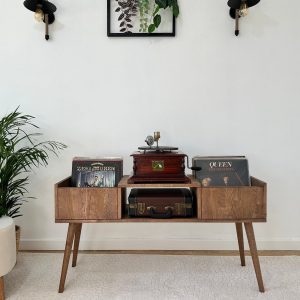 Large Record Player Stand, Oak Vinyl End Table