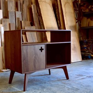 Record Player Plus Console with Receiver Slot, 35" Turntable Stand, Vinyl Storage in Solid Walnut Component Cubby