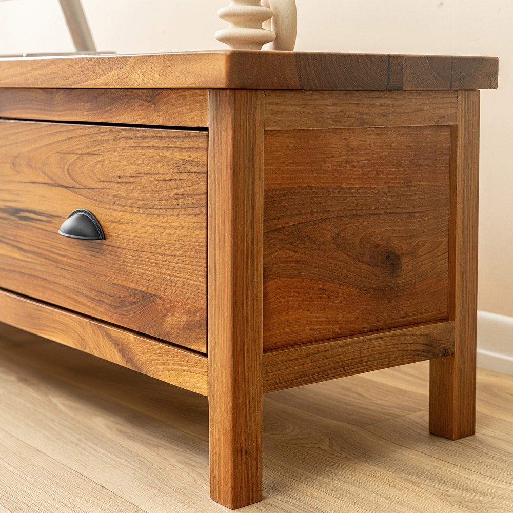 Handmade Walnut Wooden TV Stand, Farmhouse TV Stand with Storage, Artisan-Crafted Drawer TV Unit, Large Cabinet with Drawers, Console Table - Image 9