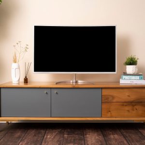Contemporary Solid Walnut Media Console with Gold Metal Leg, Modern TV Cabinet in Brown & Gray, Stylish Walnut Coffee Table or TV Console
