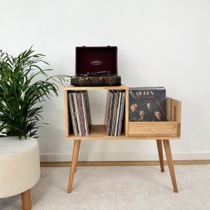 Oak Record Player Stand, Vinyl Console, Record Player Table, vinyl storage cabinet, media console, oak stereo console