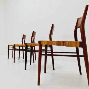Mid Century German teak and rattan chairs by Georg Leowald for Wilkhahn, 1960s, Set of 4