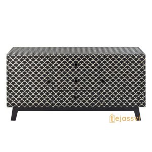 Bone Inlay Media Console | Bone Inlay Fish-scale Scalloped Sideboard in Black Color | Bone Inlay Credenza Indian Luxury Buffet Table.
