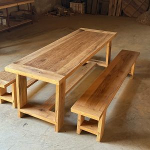 Oak Solid Wood Dining Table Reclaimed Wood, Farmhouse Dining Table Bench, Rustic Dining Table for Patio Furniture Set