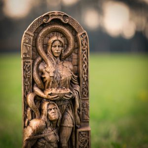 Sigyn and Loki Norse goddess wooden statue from oak