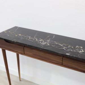 Console table with 3 drawers and 4 Legs in solid American Walnut with Black  Portoro marble top