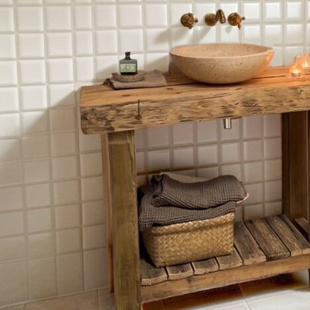 Bathroom Rustic Vanity, Reclaimed Wood Solid Bathroom Vanity, Live Edge Farmhouse Rustic Wood Decor, Counter Top Wood Table - Image 7