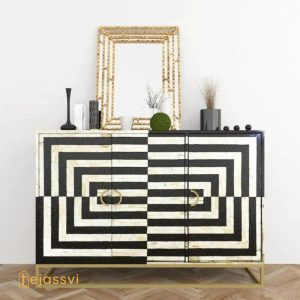 Handmade Bone Inlay Geometric Design Sideboard | Media Console & TV Unit  | Buffet Table in abstract Black Color, Indian Luxury Buffet Table