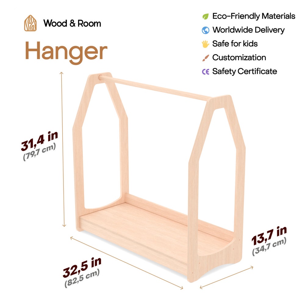 Wooden Clothing Rack with Shelves + 10 Hangers, Toddler Wardrobe, Kids and Baby clothing, Nursery Furniture, Baby shower, Montessori shelves - Image 9