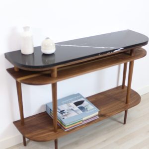 Console table with shelves in solid American Oak or Walnut and marble top.