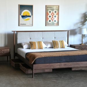Mid Century Modern Upholstered Headboard Platform Bed / storage Bed Optional / Solid Walnut Maple Cherry White Oak Bed Frame Pendleton Wool