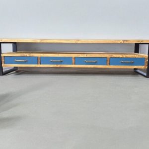 Tv Stand Console Table drawers organiser brass handles storage cabinet shelving unit photos display media centre industrial entertainment