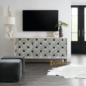 Bone Inlay Media Cabinet, Bone Inlay Flower Entertainment Credenza White  Finish Bone Optical Design Media Console, Bone Inlay Storage Unit.