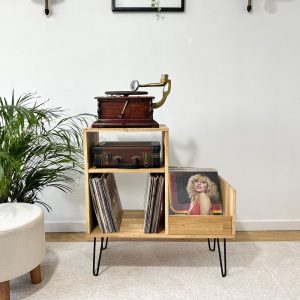 Table For Record Player Stand, Vinyl console, Turntable Stand, Oak Record Cabinet