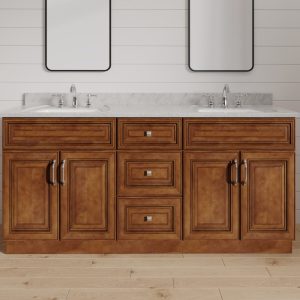 60 Inch Saddle Brown Raised Panel Bathroom Vanity with Double Sink Bases, Bathroom Furniture with Drawers - 60" W x 34.5" H x 21" D