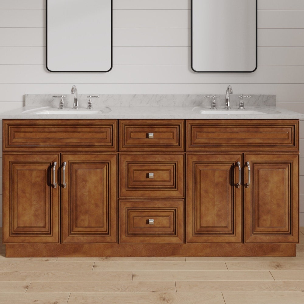 60 Inch Saddle Brown Raised Panel Bathroom Vanity with Double Sink Bases, Bathroom Furniture with Drawers - 60" W x 34.5" H x 21" D