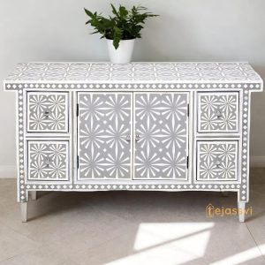 Handmade Bone Inlay Sideboard | Bone inlay 4 Drawer 1 Door Dresser/Storage Cabinet | Bone Inlay Sideboard Snow In Grey.