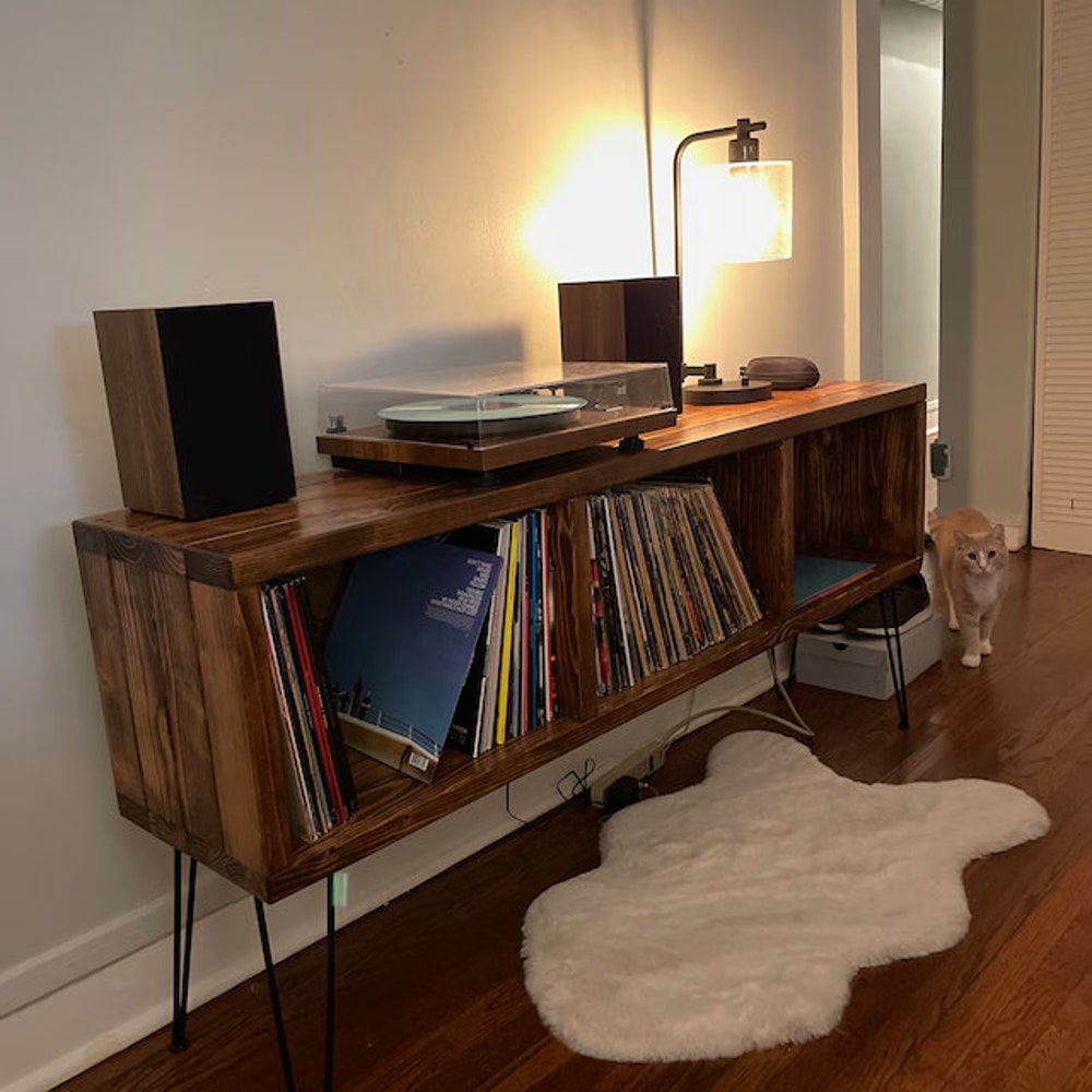 Vinyl Record Storage Record Player Cabinet Vinyl Record Holder Turntable Stand Customizable Handmade Vinyl shelves Tall Metal Legs 32” Tall - Image 11