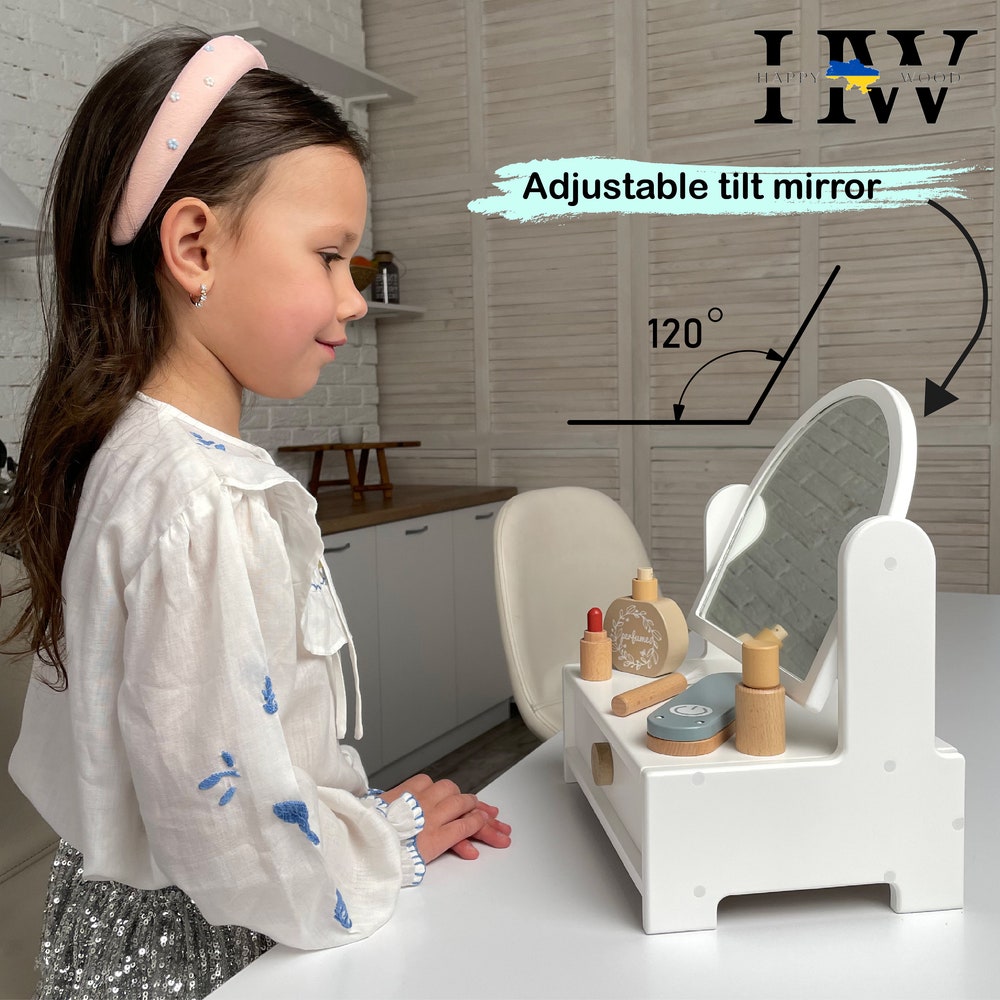 Children's Vanity Table with Mirror - Wooden Kids Makeup Desk, Cat or Bear-Shaped Mirror, Personalized Engraving, Perfect Gift for Girls - Image 5