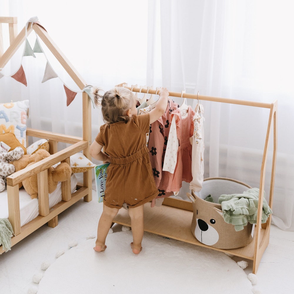 Wooden Clothing Rack with Shelves + 10 Hangers, Toddler Wardrobe, Kids and Baby clothing, Nursery Furniture, Baby shower, Montessori shelves - Image 3