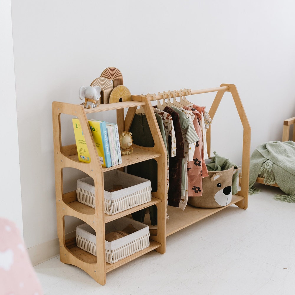 Wooden Clothing Rack with Shelves + 10 Hangers, Toddler Wardrobe, Kids and Baby clothing, Nursery Furniture, Baby shower, Montessori shelves - Image 4