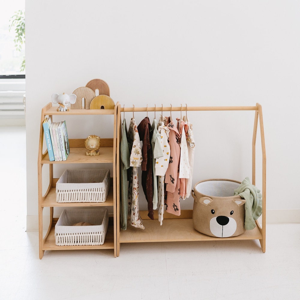 Wooden Clothing Rack with Shelves + 10 Hangers, Toddler Wardrobe, Kids and Baby clothing, Nursery Furniture, Baby shower, Montessori shelves - Image 6