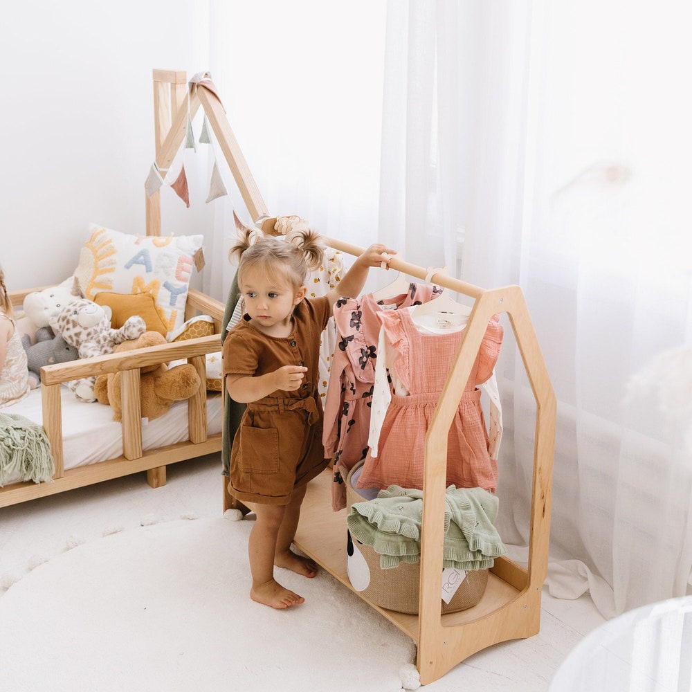 Wooden Clothing Rack with Shelves + 10 Hangers, Toddler Wardrobe, Kids and Baby clothing, Nursery Furniture, Baby shower, Montessori shelves