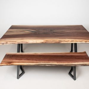 Live Edge Walnut Dining Table and Bench, Walnut Dining Table Made With Bookmatched Slabs, Walnut Farmhouse Kitchen Dining Set
