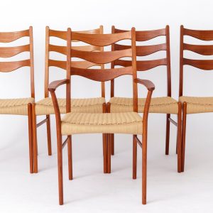 Set of 5 Danish Dining Chairs by Arne Wahl Iversen – Teak Wood, Paper Cord, 1960s