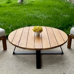 Outdoor Wood Coffee Table Round, Patio Coffee Table Metal Legs, Outdoor Furniture, Round Garden Table, Rustic Round Coffee Table
