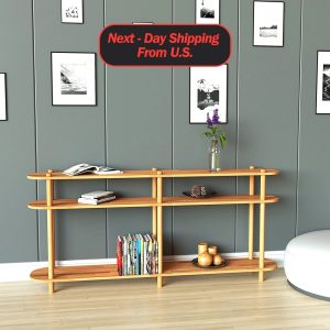 Solid Beech Wood Short Bookcase with 3 Shelves for Living Room, Solid Wooden TV Stand, Large Media Console