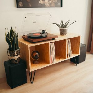 Turntable Stand & Vinyl LP Storage, From Made Durable and Recycled OSB Wood, Store up to 120+ LPs!