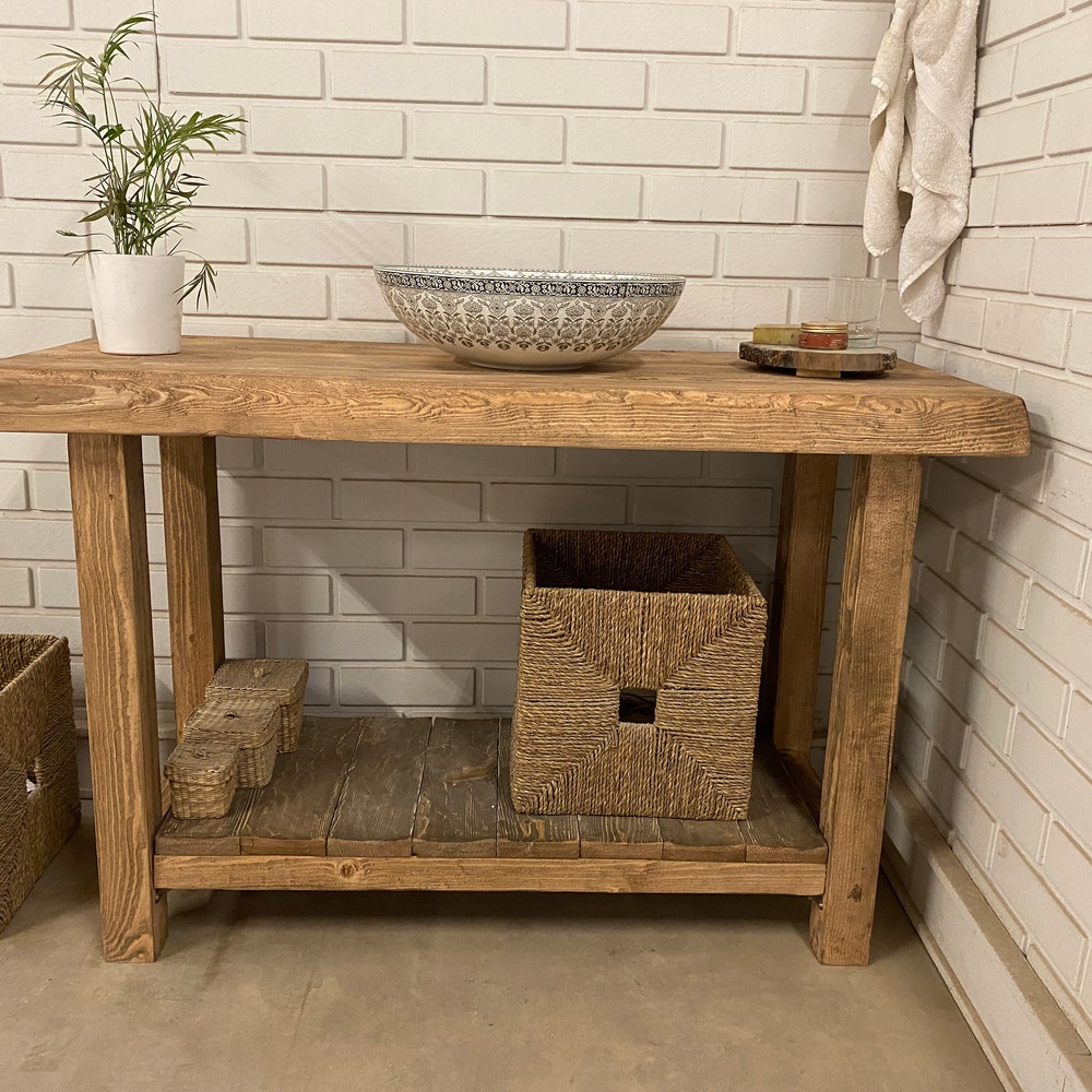 Bathroom Rustic Vanity, Reclaimed Wood Solid Bathroom Vanity, Live Edge Farmhouse Rustic Wood Decor, Counter Top Wood Table - Image 5