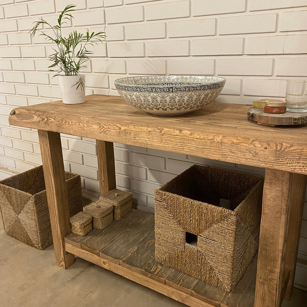 Bathroom Rustic Vanity, Reclaimed Wood Solid Bathroom Vanity, Live Edge Farmhouse Rustic Wood Decor, Counter Top Wood Table - Image 10