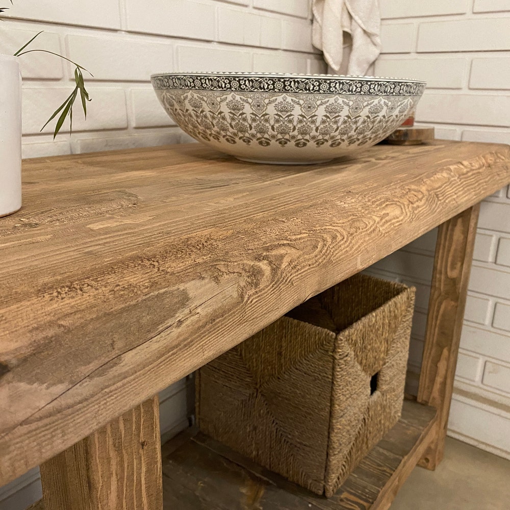 Bathroom Rustic Vanity, Reclaimed Wood Solid Bathroom Vanity, Live Edge Farmhouse Rustic Wood Decor, Counter Top Wood Table - Image 11