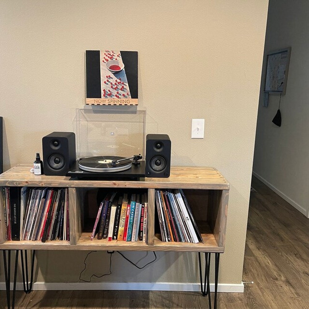 Vinyl Record Storage Record Player Cabinet Vinyl Record Holder Turntable Stand Customizable Handmade Vinyl shelves Tall Metal Legs 32” Tall - Image 10