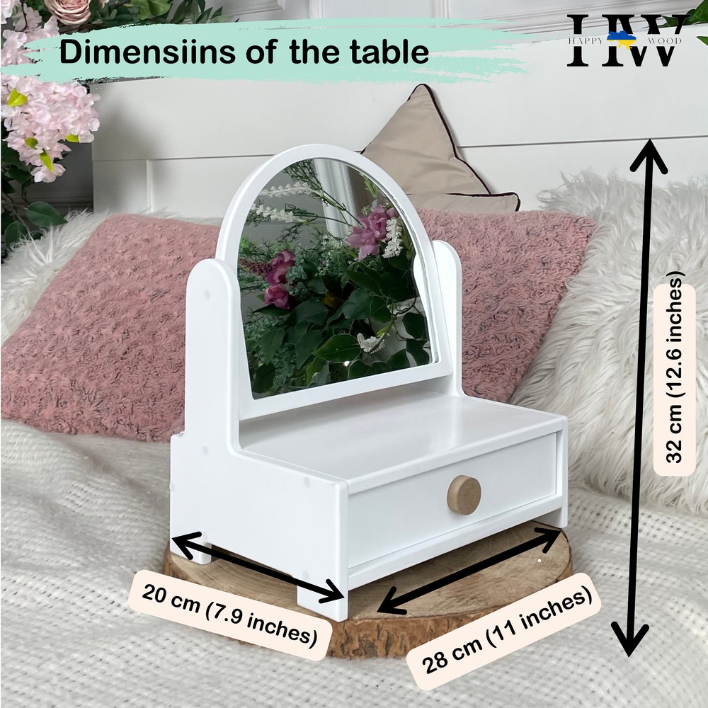 Children's Vanity Table with Mirror - Wooden Kids Makeup Desk, Cat or Bear-Shaped Mirror, Personalized Engraving, Perfect Gift for Girls - Image 4