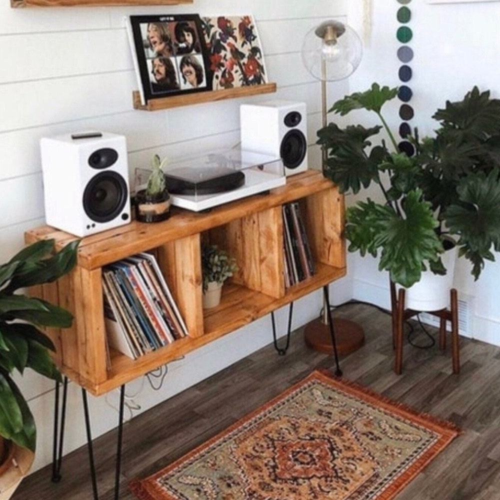 Vinyl Record Storage Record Player Cabinet Vinyl Record Holder Turntable Stand Customizable Handmade Vinyl shelves Tall Metal Legs 32” Tall