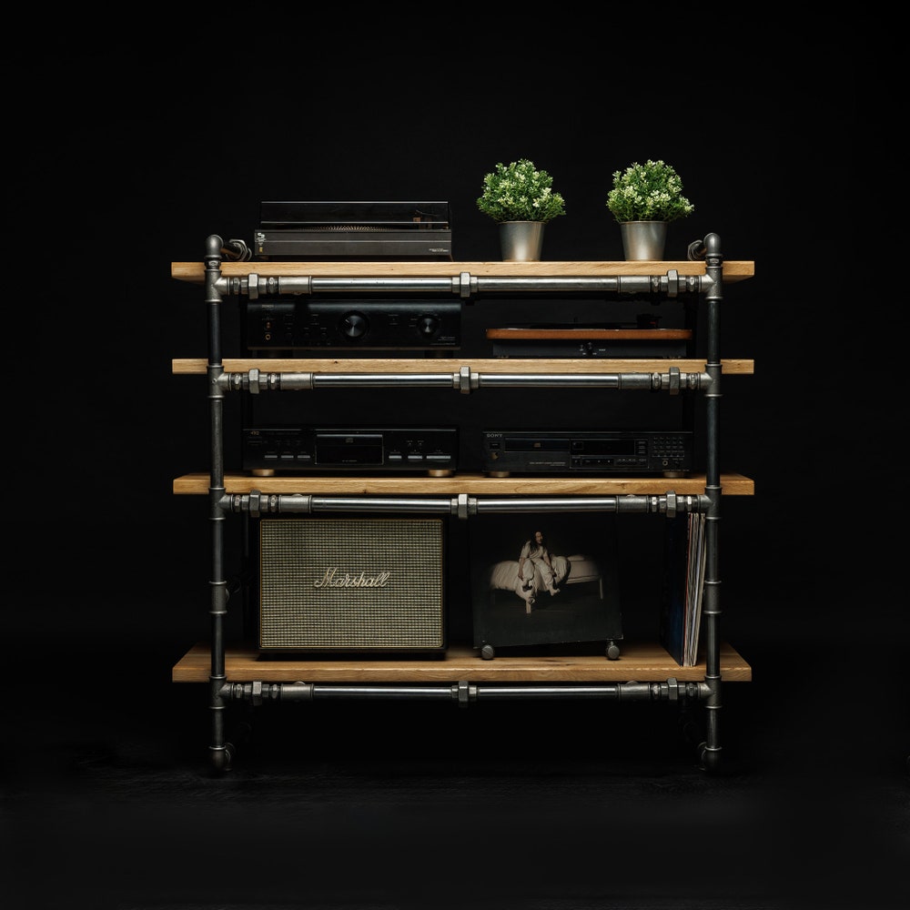 LP Turntable Storage, Handmade Record Player Stand, Industrial Vinyl Table, Media Hifi TV Unit - Image 3