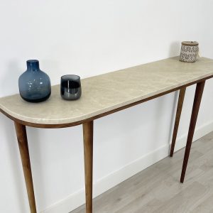 Curve console table narrow  with 4 Legs in solid American Walnut and Marble top