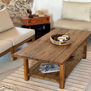 Rustic Long Coffee Table with Shelf, Reclaimed Oak Coffee Table, Barnwood Furniture, Rustic Farmhouse, Rectangle Large Coffee Table