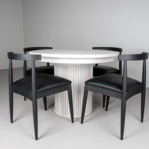 Expandable Round Dining Table, White Table with Chairs, White Extension Table with Black Dining Chairs, Expanding Round Pedestal Table