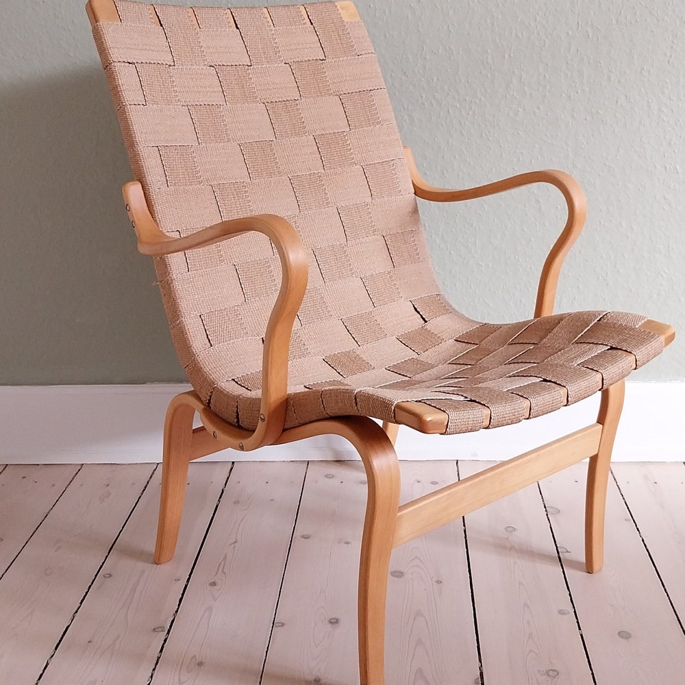 Bruno Mathsson chair, Scandinavian chair wood mid century lounge chair, wowen seat chair, canvas chair, mcm armchair Swedish chair bentwood - Image 3