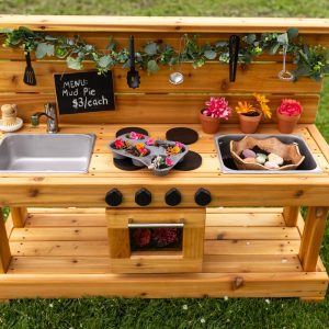 Centered Working Sink Mud Kitchen with Oven | Cedar Play Kitchen for Toddlers and Kids | Sensory Play | Sand Water Table | Montessori