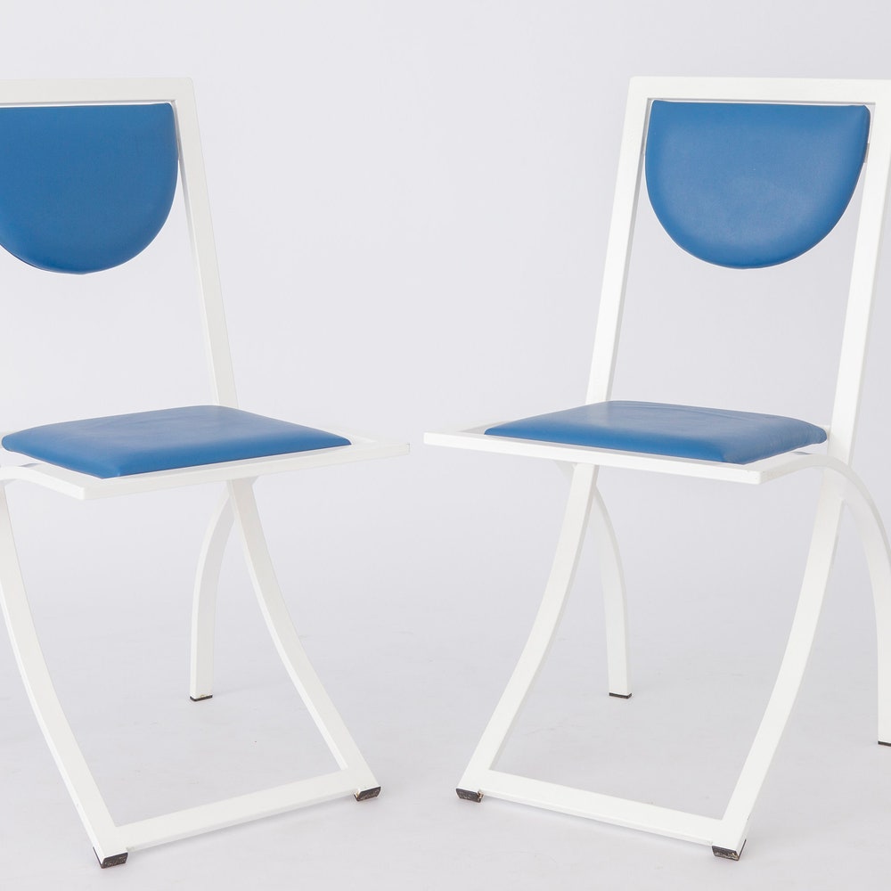 Pair of Vintage Karl Friedrich Förster Chairs, 1980s – White Metal Frame & Blue Skai Upholstery